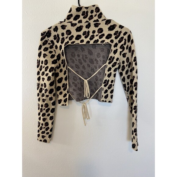 Zara Knits Animal Print Top Size Small Long Sleeve Backless Mock Neck Stretch - Picture 2 of 10